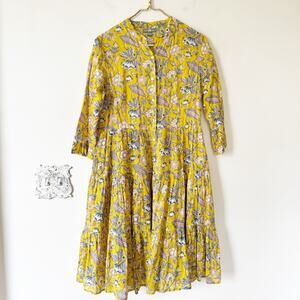 Shade Amour Yellow and Pink Block Print Floral Tiered Button Front Dress S